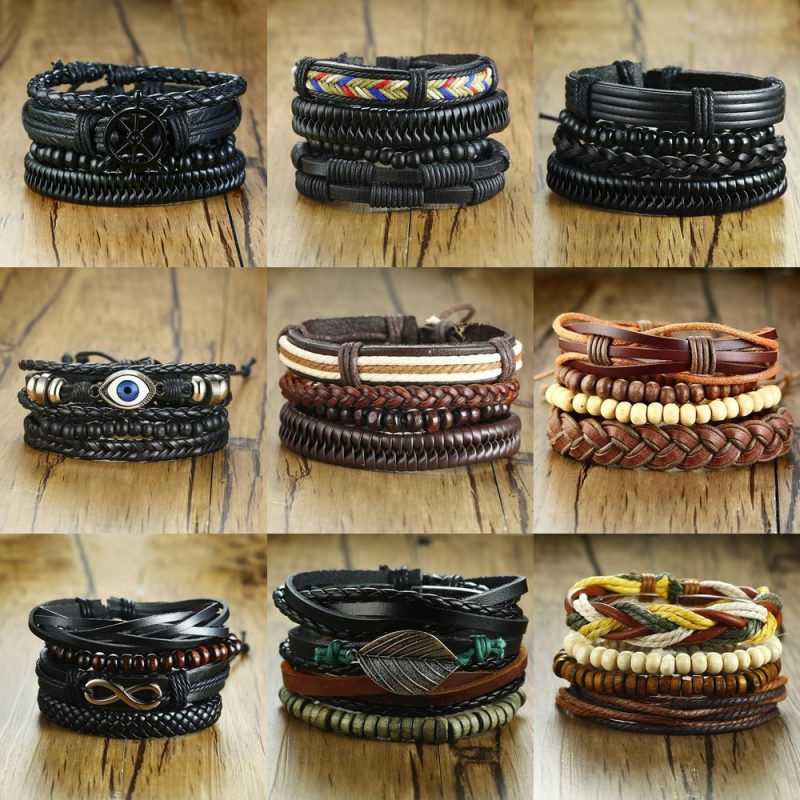 Mens Leather Bracelets Wristbands (4Pcs) - Image 3